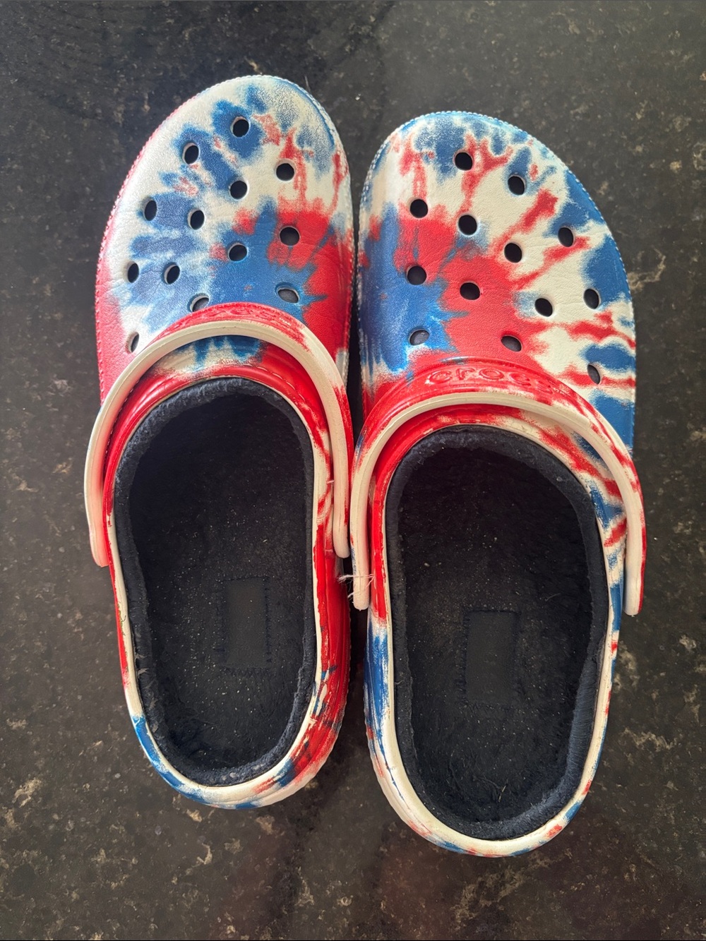 CROCS Kids Tie-Dye Clogs in Red, White & Blue